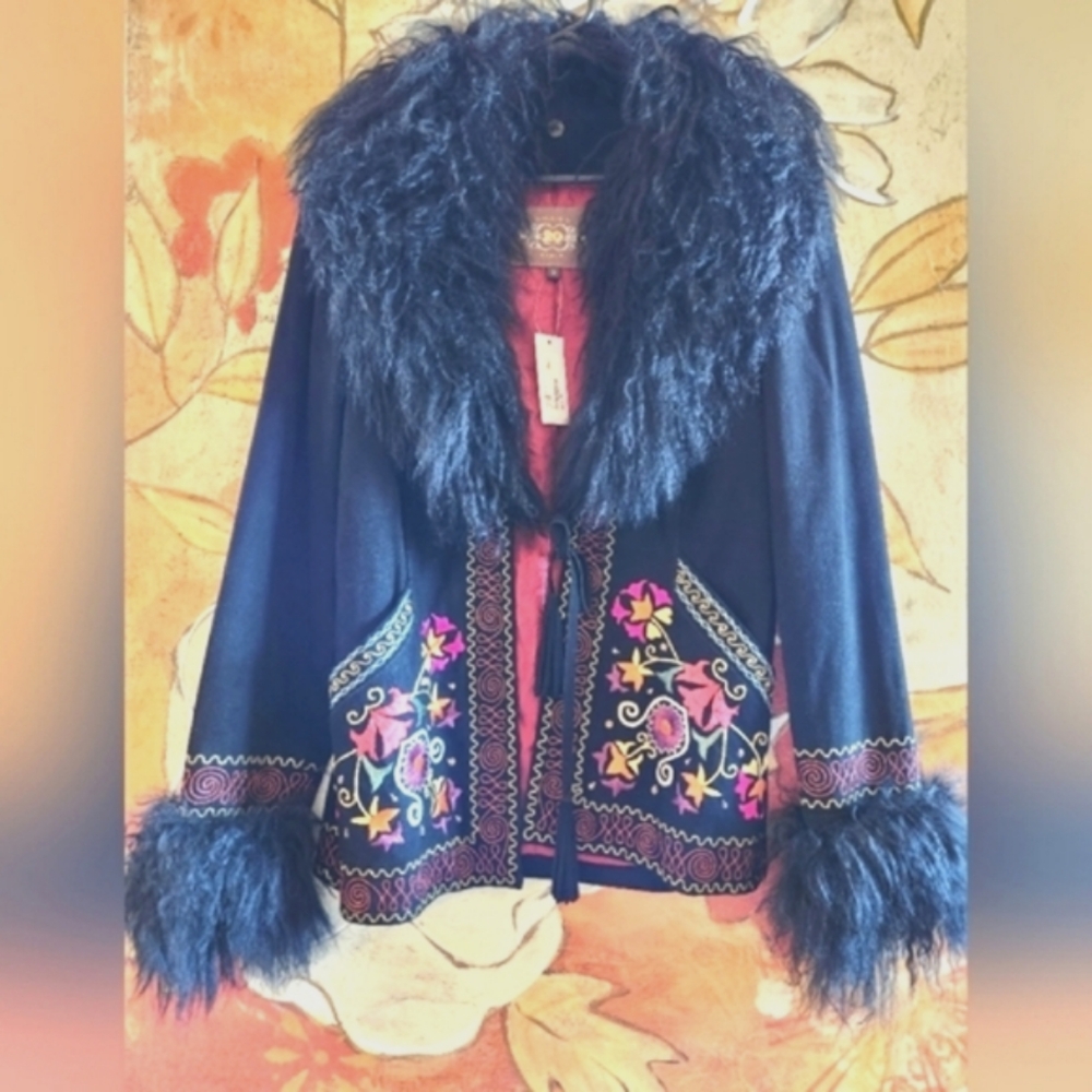 DOUBLE D RANCH Black Suede Embroidery Mongolian Lamb Fur Collar Cuffs Jacket NWT